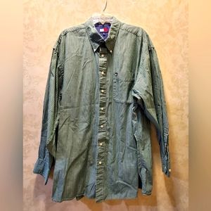 Tommy Hilfiger Green/White Striped Button Down LS Shirt XXL